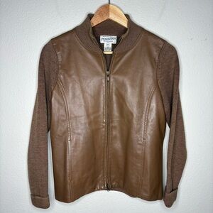 Pendleton Leather Front Merino Wool Sleeves Full Zip Jacket Brown Petite Small